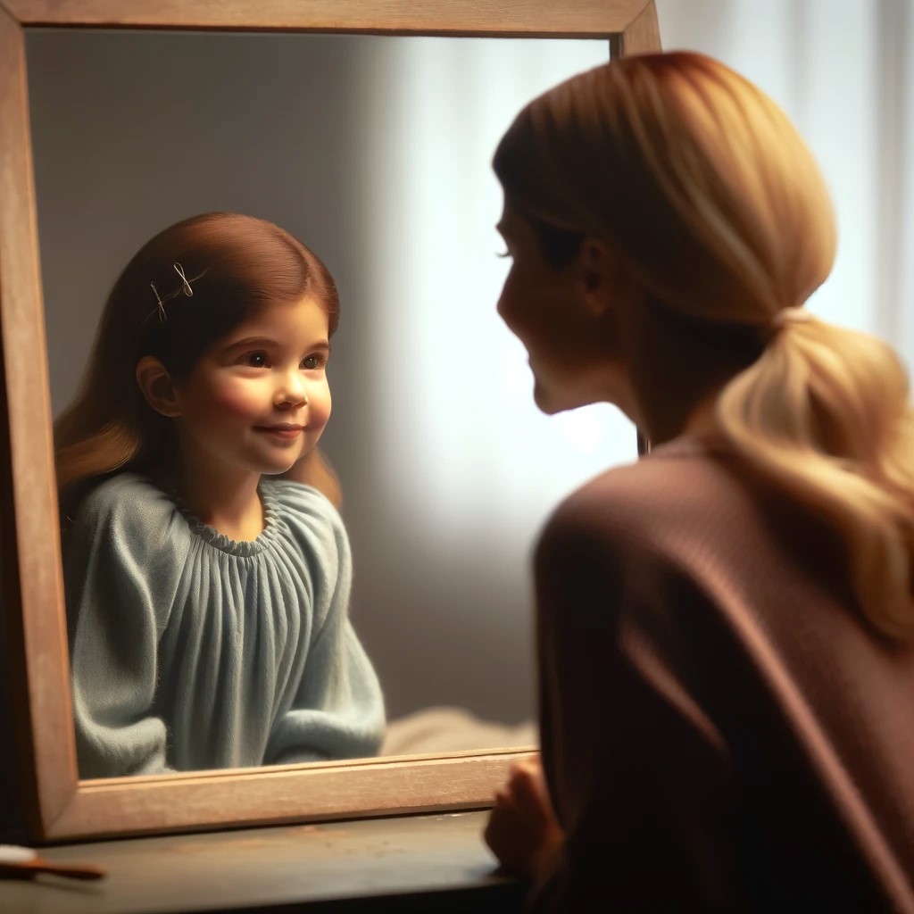 Inner Child Healing. Woman looking at her reflection ion the mirror and seeing her inner child,